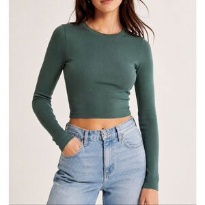 Abercrombie & Fitch Ribbed Cropped Long Sleeve Top Sage Green Size S
